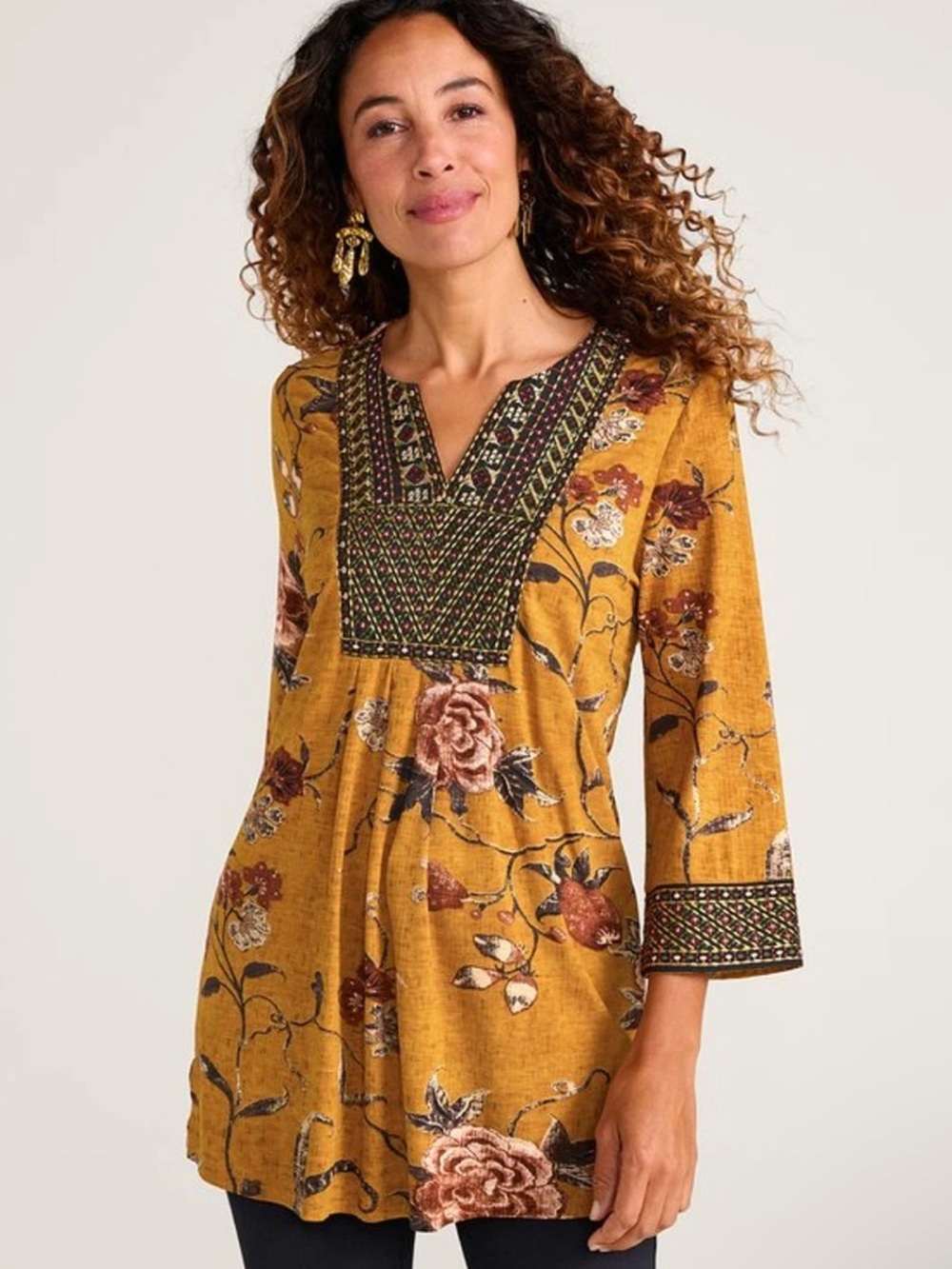 Soft Surroundings Etana Boho Colorful Floral Tunic Antique Gold Size Large